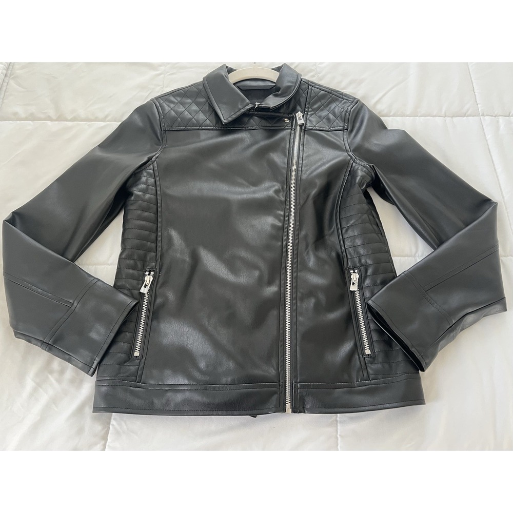 Art Class Girls Moto Jacket Black Faux Leather Full Zip Collared Pockets Size XL